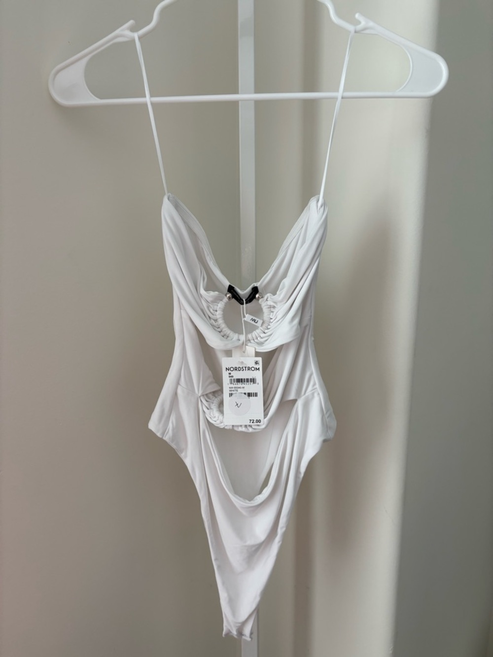NWT Naked Wardrobe White Draped One Piece Swimsuit Low Back Size M